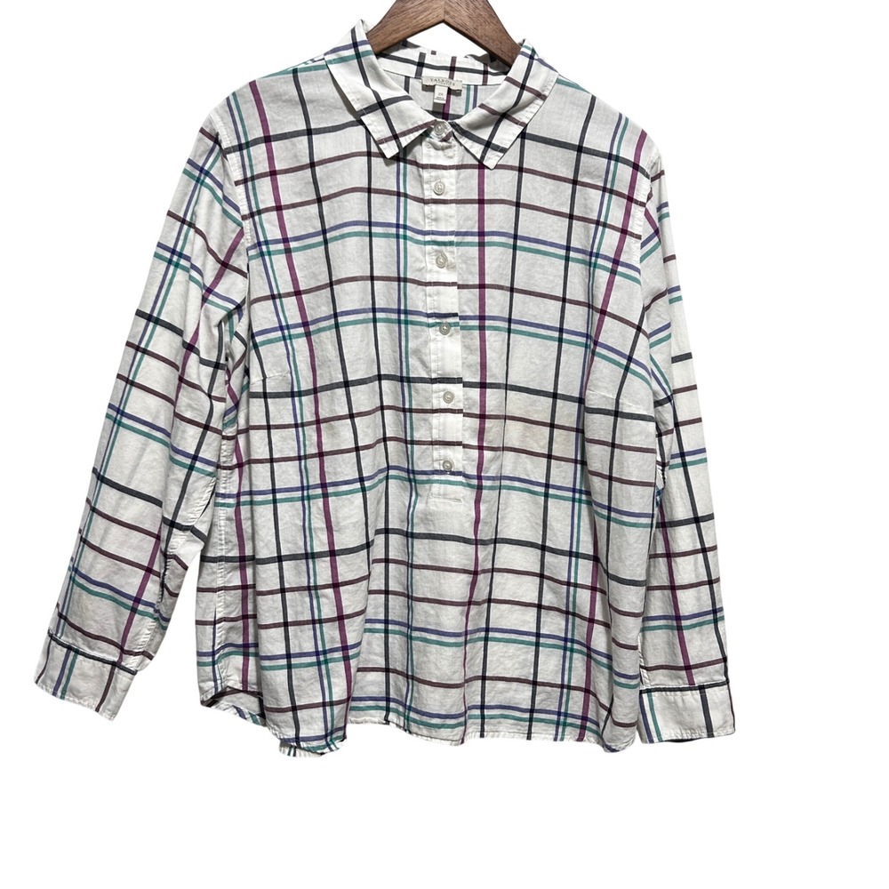 Talbots Women Button Popover Top 2X White Plaid Cotton‎ Tunic Preppy Classic